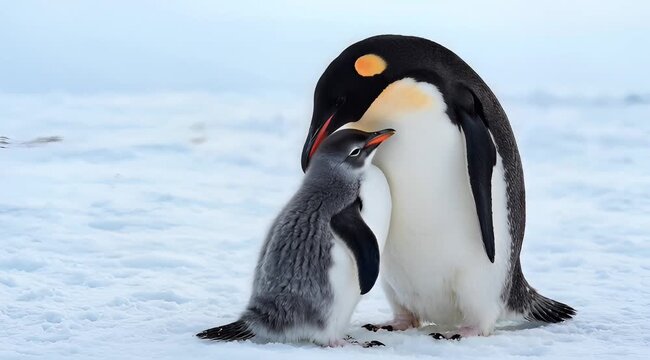 Two penguins on an icy shore with a fluffy chick, a tender moment in a cold Antarctic landscape.