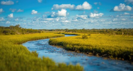 Naklejka premium Peaceful natural setting showcasing a river running through marshy terrain with vivid grass and blue sky