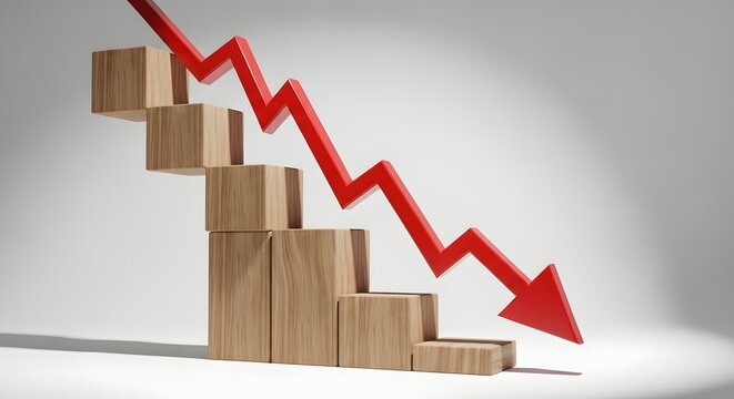 Declining trend graph with wooden blocks and red arrow