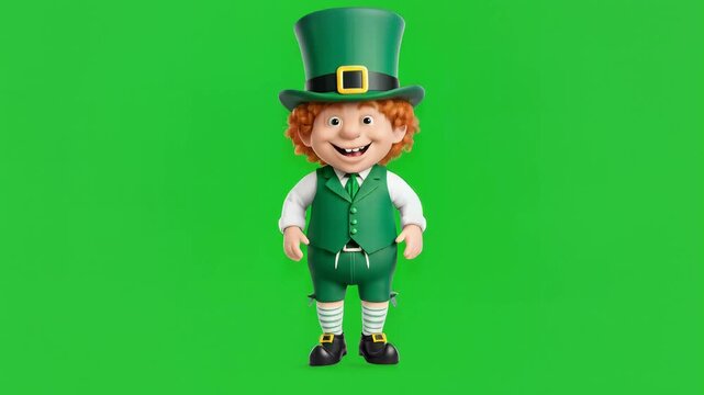 A cheerful 3d leprechaun figure stands smiling, isolated on a vibrant green screen background.