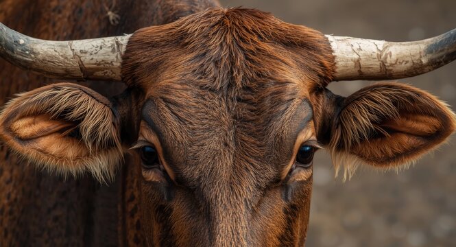 Close up shot emphasizing the textured skin and ears of a Nguni cow