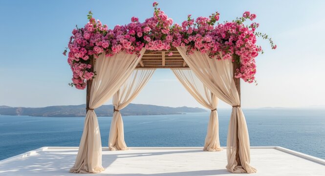 Creative wallpaper design with a white gazebo encircled by pink blooms and flowing beige curtains against ocean views