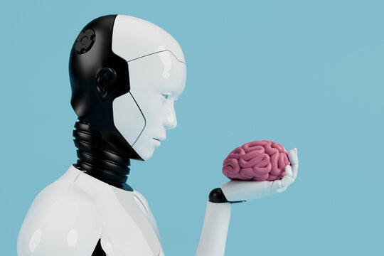 3D robot brain intelligence concept in futuristic profile view