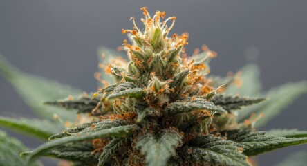 Naklejka premium Macro close up of medical marijuana bloom showing resin dots