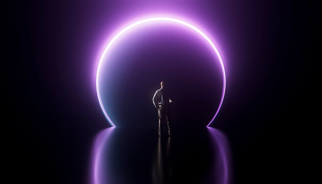 3D neon portal silhouette with lone figure and glowing circle
