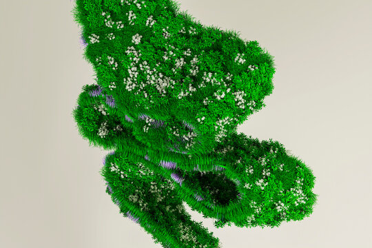 3D botanical abstract spiral with dense grass and floral detail