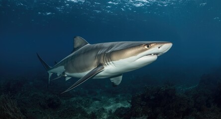 Obraz premium Brightly lit underwater scene featuring silver tip shark in natural marine habitat for Earth Day awareness