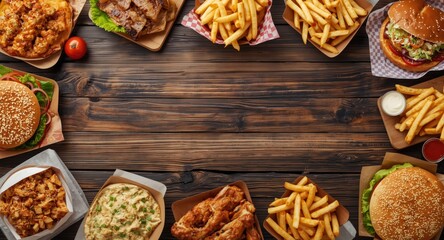 Fototapeta premium Assortment of fast food meals with a decorative corner frame on dark wood background and copy space
