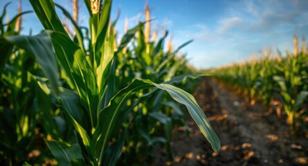 Obraz premium The vibrant green leaves of a maize plant gently sway in a sunny cornfield
