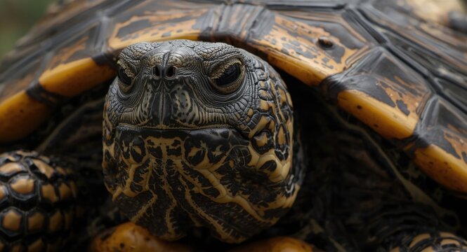 Detailed close up portrait of a turtle focusing on its facial features and shell pattern