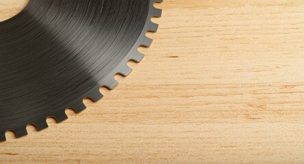 Close up shot of adjustable retractable saw blade on wood table for cabinet making