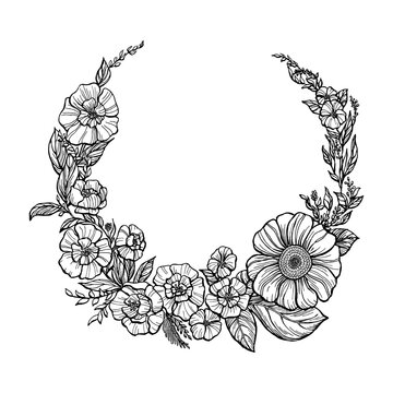 Hand-drawn floral wreath with delicate flowers and leaves. Black and white line art. Vintage flowers sketch.  NOT AI generated.