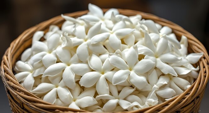 Bamboo basket display of white Arabian jasmine flowers used for scent therapy and tea flavor
