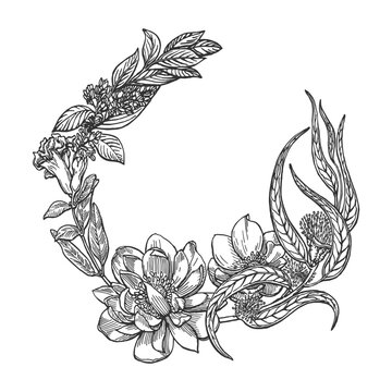 Wreath of flowers hand drawn vector illustration. Vintage flowers sketch. Line art black and white. NOT AI generated.