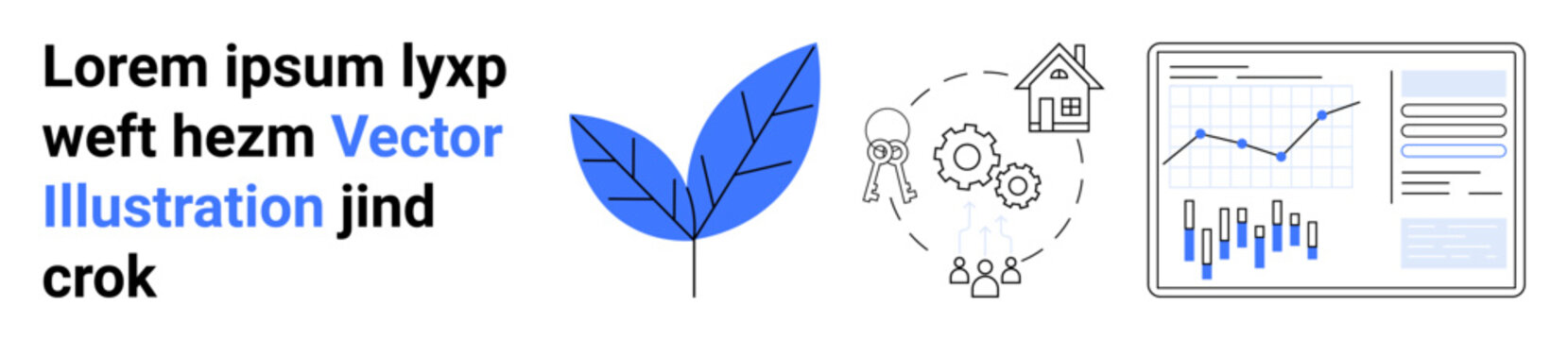 Green leaf, key, gear, house, and analytics chart depicting growth, sustainability, business strategy. Ideal for eco-friendly business, financial analysis, innovation, and success. Clean outline