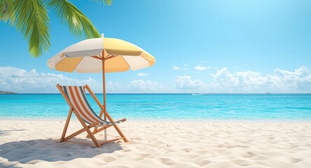 Fototapeta premium Bright summer day at a tropical beach with a playful 2d cartoon beach chair and umbrella