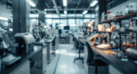 Fototapeta premium Modern scientific research room interior featuring blurred background with grey and blue highlights