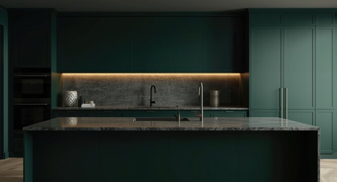 Dark green kitchens minimalist design showcasing double sinks marble island and cupboards