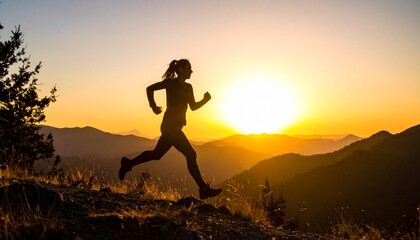 Fototapeta premium Woman Running on Mountain Trail at Sunset.