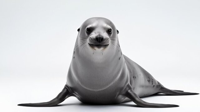 Close-Up of a Seal Lying Down on a White Background, Looking Directly at Camera