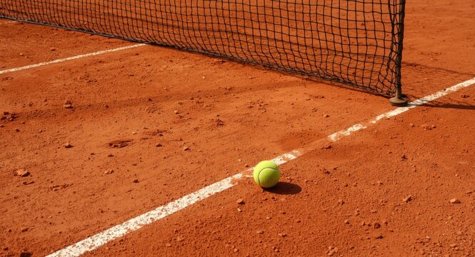 Dry outdoor clay tennis court on a sunny day showing detailed grungy ground and yellow green tennis ball with baseline and net and copy space