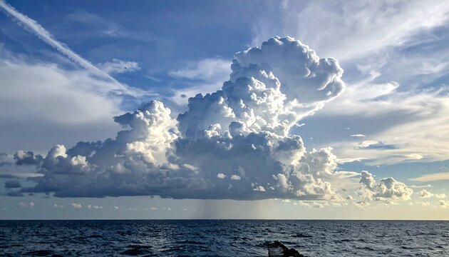 Towering cumulus cloud formation over the ocean with a blue sky and faint vapor trails overhead