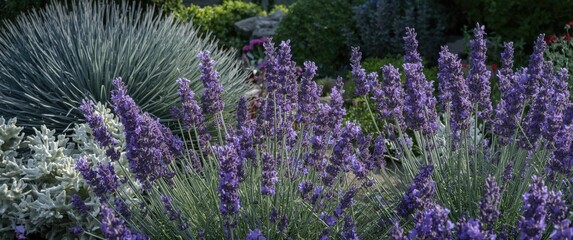 Obraz premium Blooming garden with rich lavender flowers and sea salt leafy plants
