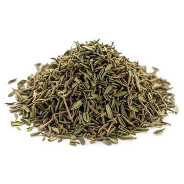 Small pile of dried thyme leaves with natural fragments visible, isolated white background