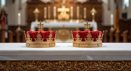 Elegant gold crowns accented with red fabric shown on table in church before baptism