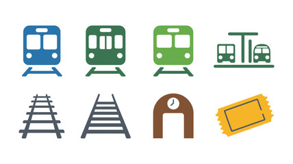 Transportation icons, train symbol, railway track illustration, station building icon, ticket graphic © Ayat 04