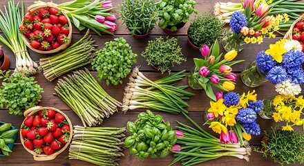 A vibrant display of fresh produce and flowers on a wooden table