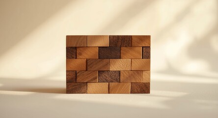 Obraz premium Closeup of rectangular brown wood piece mimicking puzzle and brick wall texture