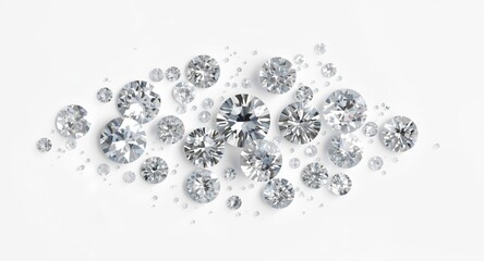 Cluster of glittering diamonds on a clean white background in flat lay style
