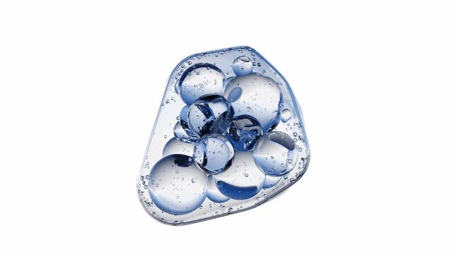 transparent bubbles with clear liquid and visible spheres inside, shrinks and floating on white background