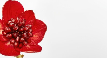 Close up view of pomegranate seeds inside a flower bloom on a plain white backdrop