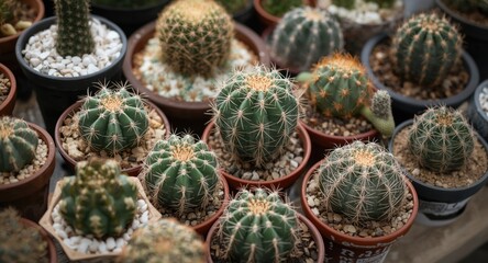 Fototapeta premium Diverse cactus collection planted in assorted pots with detailed textures