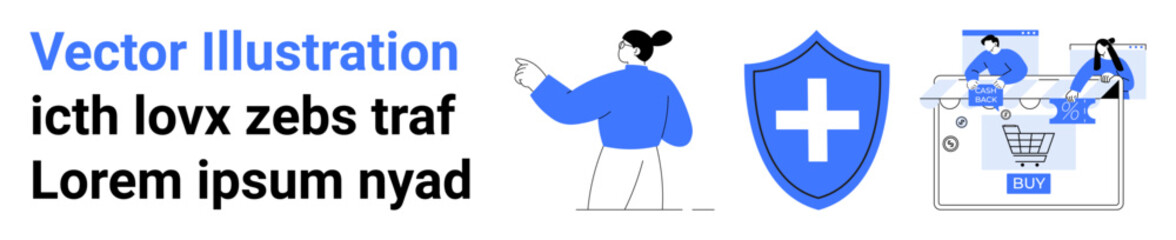 Obraz premium Person pointing, medical shield with cross, and online shopping scene. Ideal for e-commerce, healthcare apps, user interface, online security, digital marketing, remote work and technology