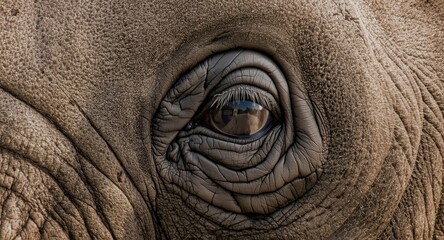 Fototapeta premium Detailed focus on an elephant eye emphasizing the large pupil and skin creases