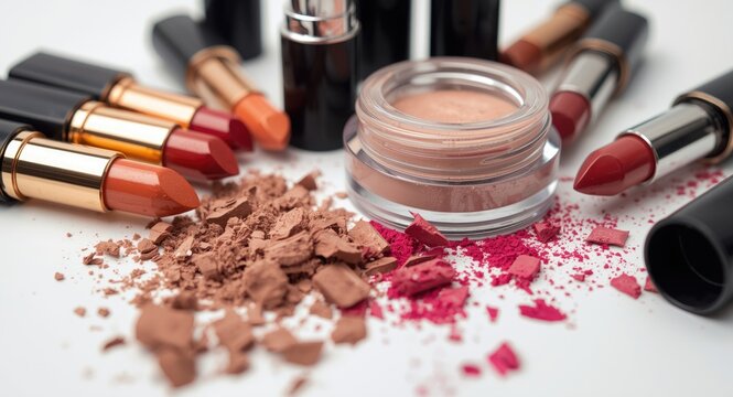 Makeup collection containing lipstick powder and shattered eyeshadows on white background