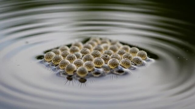 Cluster of frog eggs floating on rippling water surface