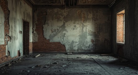 Obraz premium Empty ruin with textured plaster and brick walls and designated space for text