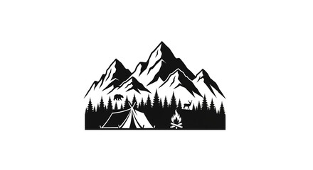Black and white vector silhouette of a mountain landscape with a campsite and wildlife
