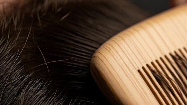 Tangled hair on a wooden comb close-up