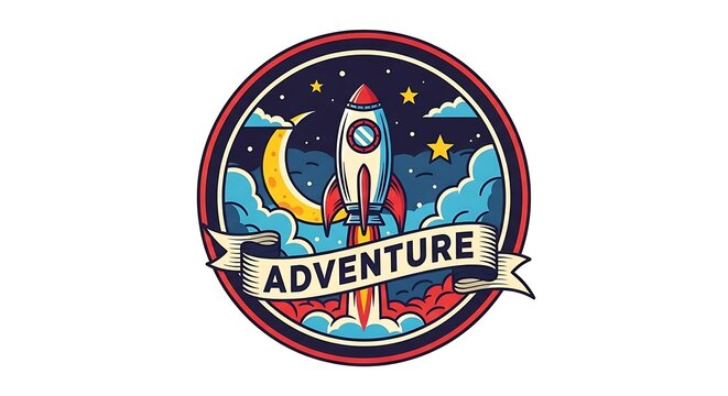 A circular emblem depicts a rocket blasting off. It has a night sky background with stars, a crescent moon, and the word "ADVENTURE" on a banner