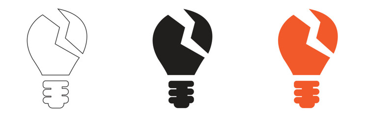 set of three broken light bulb icons representing failure or no idea concepts in outline black and orange colors, perfect for design and web projects