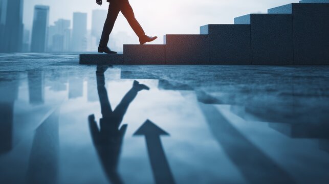 Businessman stepping onto first step, faint upward arrow reflection, concrete and glass setting, dawn lighting, [starting career growth] 