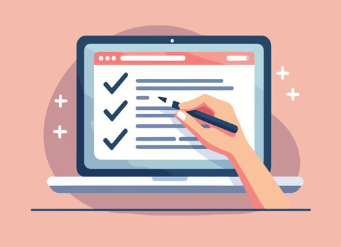 Finestra del browser dell'elenco di controllo. Segno di spunta. Segno di spunta bianco sullo schermo del laptop. Scelta, concetti di indagine. Elementi per banner web, siti web, vettoriale