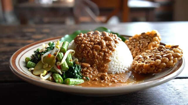 Delicious Indonesian Nasi Rawon Dish with Rice, Vegetables, Peanut Sauce and Crispy Fried Snacks Served on a Plate