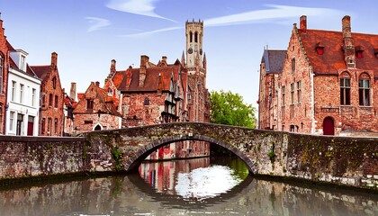 Fototapeta premium A scenic view showcasing historic architecture; brick buildings, a bridge, and a calm canal, reflecting the cityscape. The sky is bright