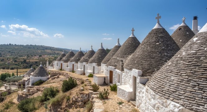 Blissful trulli shelters with classic conical roofs integrated into a stunning rural panorama on a bright day